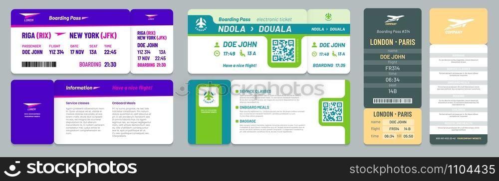 Airline tickets. Airplane boarding pass, travel flight invitation and business airplane trip ticket. Air traveling tickets document with flight date. Isolated vector illustration icons set. Airline tickets. Airplane boarding pass, travel flight invitation and business airplane trip ticket vector illustration set