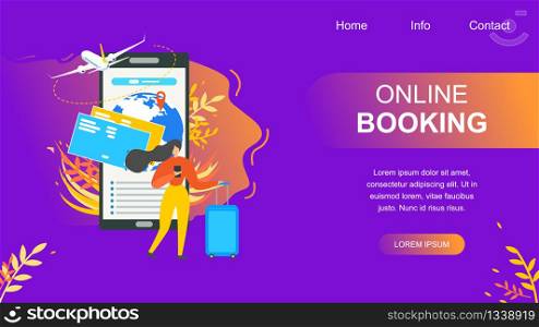 Airline Tickets Booking Online Service Flat Vector Web Banner or Landing Page Template. Traveling Woman, Tourist Using Mobile App on Smartphone to Search Flight Schedules and Buy Fly Pass Illustration