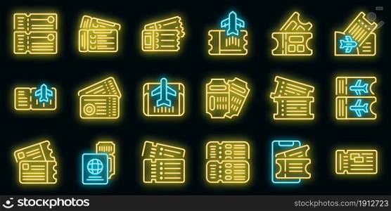Airline tickets icons set. Outline set of airline tickets vector icons neon color on black. Airline tickets icons set vector neon