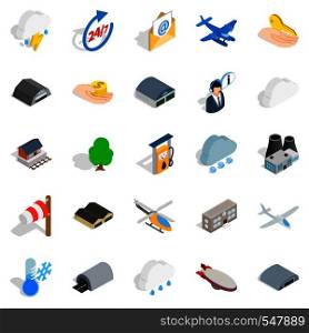 Airliner flight icons set. Isometric set of 25 airliner flight vector icons for web isolated on white background. Airliner flight icons set, isometric style