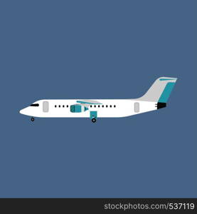 Airliner transportation journey white plane side view. Tourist travel airbus vector flat