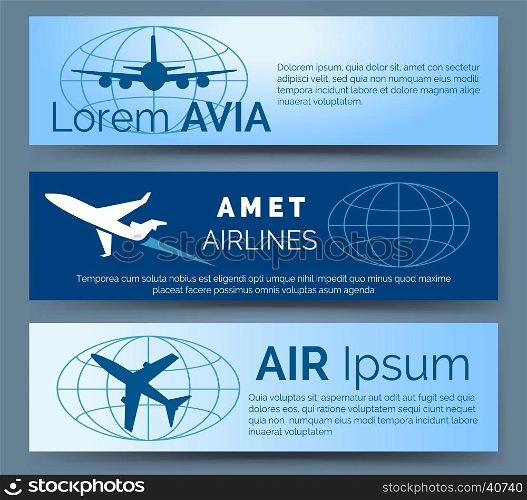 Airlines company headers set. Airlines company headers set. Blue banners with aircrafts vector illustration