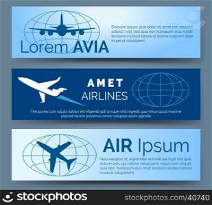 Airlines company headers set. Airlines company headers set. Blue banners with aircrafts vector illustration