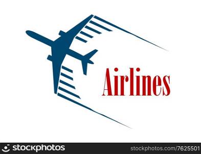 Airlines emblem or icon with a speeding blue jetliner airplane with motion trails above the word - Airlines - in red. Airlines vector emblem or icon