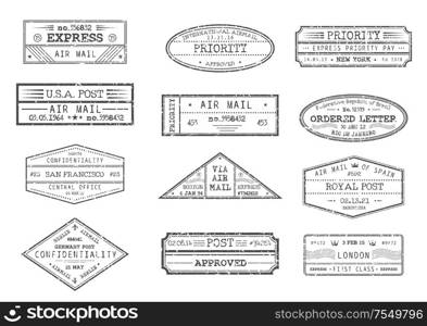 Airmail postage and post office stamps with city and date, vector icons. Express delivery, ordered letter and priority confidential stamps from New York USA America, Barcelona Spain and London Britain. Airmail postage confidential, priority mail stamps