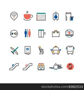 Airoport icons with line and colorful elements. Airport and airplane pictogram icons set luggage and taxi illustration. Airoport icons with line and colorful elements
