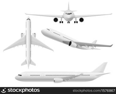 Airplane 3d. Airliner top, side and front view. Flying aircraft in various angle, white air transport, commercial journey trip and travel aviation passenger plane realistic vector isolated set. Airplane 3d. Airliner top, side and front view. Flying aircraft in various angle, air transport, commercial journey trip and travel aviation passenger plane realistic vector set