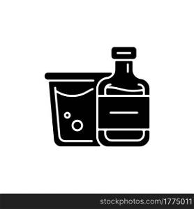 Airplane alcohol black glyph icon. Mini bottled drinks from duty free. Portable amenities. Essential for tourist. Travel size objects. Silhouette symbol on white space. Vector isolated illustration. Airplane alcohol black glyph icon