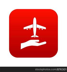 Airplane and palm icon digital red for any design isolated on white vector illustration. Airplane and palm icon digital red