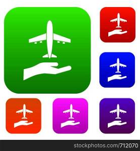 Airplane and palm set icon in different colors isolated vector illustration. Premium collection. Airplane and palm set collection
