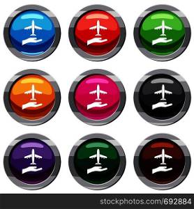 Airplane and palm set icon isolated on white. 9 icon collection vector illustration. Airplane and palm set 9 collection