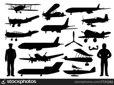 Airplane and pilot black silhouettes, vector aircraft, aviation and air travel. Vintage and modern planes, aviator and captain, biplane, jet airliner, monoplane and seaplane, propeller, control wheel. Airplane and pilot silhouettes, aircraft, aviation
