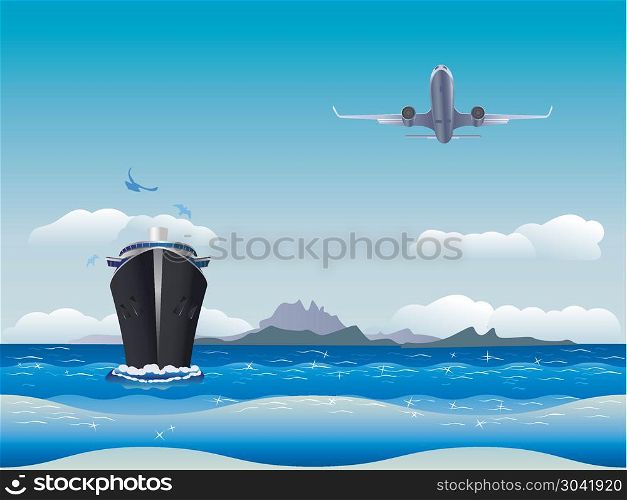 Airplane and Ship. Big airplane in the sky and cruise liner in the sea.