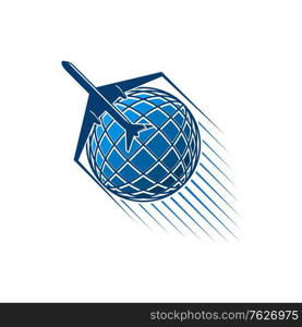 Airplane and world globe icon, travel agency or air post mail delivery and aviation logistics service company. Vector isolated aircraft flying around earth, tourism journey or airlines. Vector icon of plane and world globe