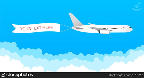 Airplane banner in flat style. Speed airplane aircraft jet with advertising banner ribbon in the cloudy sky. Vector stock illustration. Airplane banner in flat style. Speed airplane aircraft jet with advertising banner ribbon in the cloudy sky. Vector stock illustration.