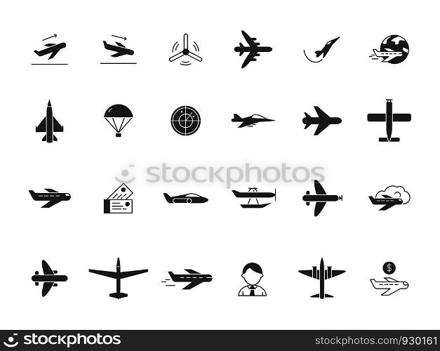 Airplane black icons. Jet aircraft military forces and civil aviation travel vector symbols. Airplane aviation, aircraft and flight transportation, travel airline illustration. Airplane black icons. Jet aircraft military forces and civil aviation travel vector symbols
