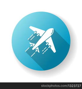 Airplane blue flat design long shadow glyph icon. Flight with airlines. Airliner to destination. Trip abroad. International journey with plane. Tourism, traveling. Silhouette RGB color illustration