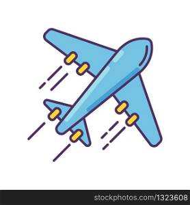 Airplane blue RGB color icon. Flight with airlines. Take airliner to destination. Trip abroad. International journey with plane. Voyage transportation. Tourism, traveling. Isolated vector illustration
