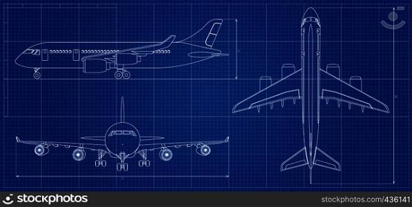 Airplane blueprint. Outline aircraft on blue background. Vector illustration. Aviation drawing blueprint, plane sketch graphic. Airplane blueprint. Outline aircraft on blue background. Vector illustration