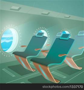 Airplane Cabin View with Passenger Seat and Porthole. Future Comfort Airline Transportation Service Concept. Luxury Plane Design. Business Air Trip Flat Cartoon Vector Illustration. Airplane Cabin View Passenger Seat and Porthole