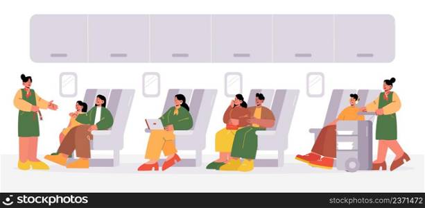 Airplane cabin with passengers on seats and stewardesses in aisle. Vector flat illustration of plane salon interior with people sitting in chairs, air hostess serving food and woman show safety belt. Airplane cabin with passengers and stewardesses