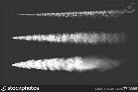 Airplane chemtrails and plane steam jets or air smoke trails vector realistic. Air plane contrails or spaceship rocket smoke trail tracks and smog traces, smoky flow white clouds. Airplane chemtrails, plane steam jets, smoke trail