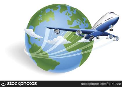 Airplane circling the globe and flying out