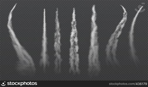 Airplane condensation trails. Jet trailing smoke isolated vector set. Foggy trail jet or plane, smoky effect after rocket illustration. Airplane condensation trails. Jet trailing smoke isolated vector set