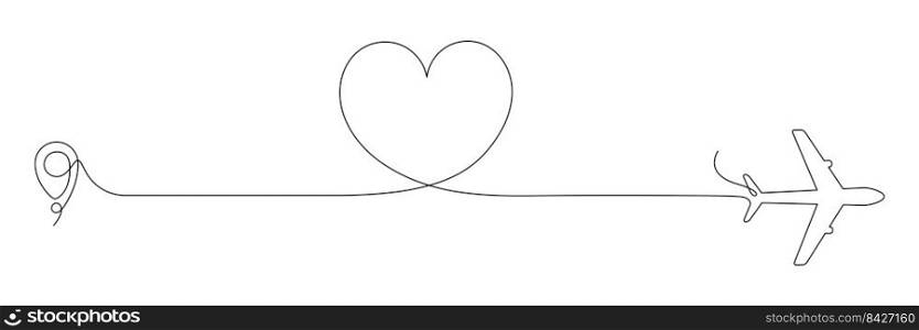 Airplane continuous line drawing with map pin pointer in heart shape. Airplane flying with start point. Vector isolated on white.. Airplane continuous line drawing with map pin pointer in heart shape.