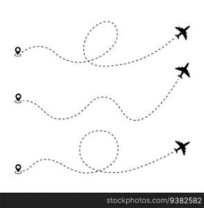 Airplane dotted route line the way airplane. Set. Flying with a dashed line from the starting point and along the path - stock vector.