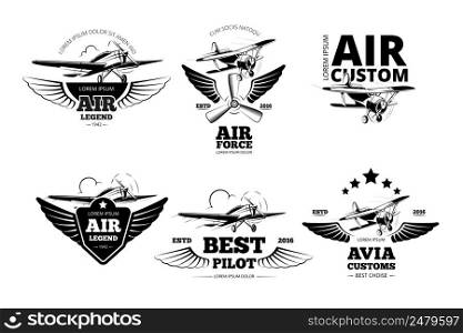 Airplane emblems vector labels. Aviation logo, flight and best pilot illustration. Airplane emblems vector labels