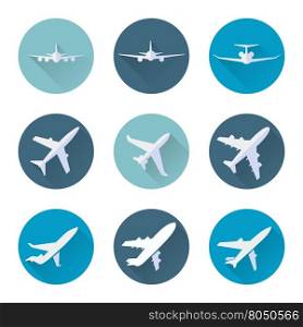 Airplane flat icons set vector. Airplane flat icons in blue circle set. Vector illustration