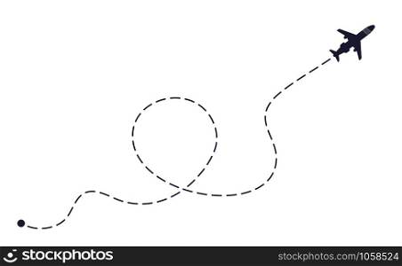 Airplane flight dashing line. Airlines plane line path, travel flights and air travels route dashed lines. Planes destination dotted trace or airplane fly tracing dot vector illustration. Airplane flight dashing line. Airlines plane line path, travel flights and air travels route dashed lines vector illustration