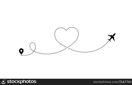 Airplane flight in heart shape icon. Romantic journey. Valentine day. Vector on isolated white background. EPS 10. Airplane flight in heart shape icon. Romantic journey. Valentine day. Vector on isolated white background. EPS 10.