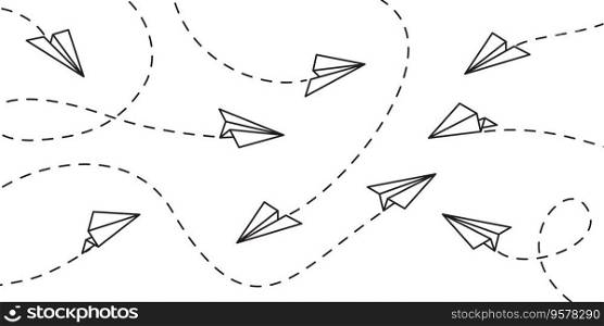 Airplane flight route line path and destination point. Paper planes travel dash line on vector white pattern background