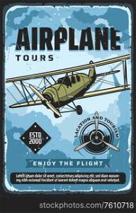 Airplane flight tours, plane travel and air tourism, vector vintage poster. Vacation and tourism, airplane flight trips, civil aviation trips, retro propeller airplane flight in sky, private jets club. Airplane flight tours, plane travel, air tourism