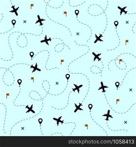 Airplane flights pattern. Plane travel, avia traveling routes and aviation or aircraft travel dotted map. Dot airplane flight sky traveler track vector seamless background. Airplane flights pattern. Plane travel, avia traveling routes and aviation vector seamless background