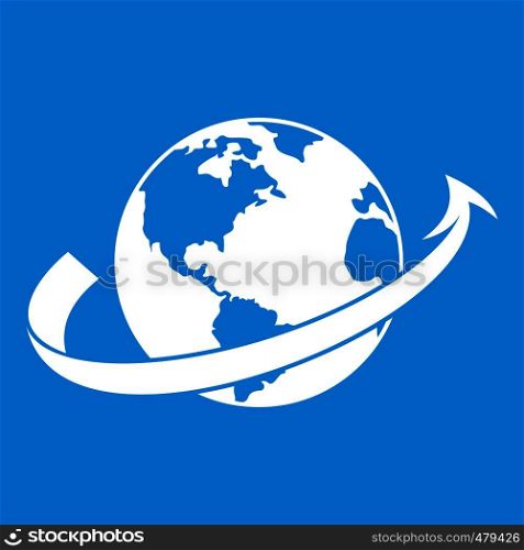 Airplane fly around the planet icon white isolated on blue background vector illustration. Airplane fly around the planet icon white
