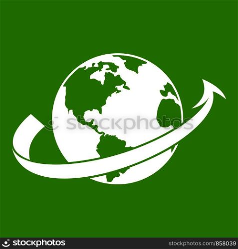 Airplane fly around the planet icon white isolated on green background. Vector illustration. Airplane fly around the planet icon green