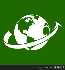 Airplane fly around the planet icon white isolated on green background. Vector illustration. Airplane fly around the planet icon green