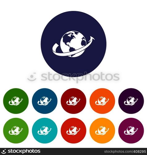 Airplane fly around the planet set icons in different colors isolated on white background. Airplane fly around the planet set icons