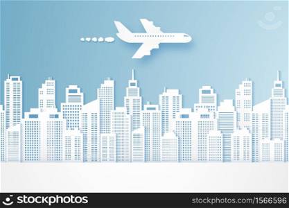 Airplane flying above buildings, cityscape, paper art style