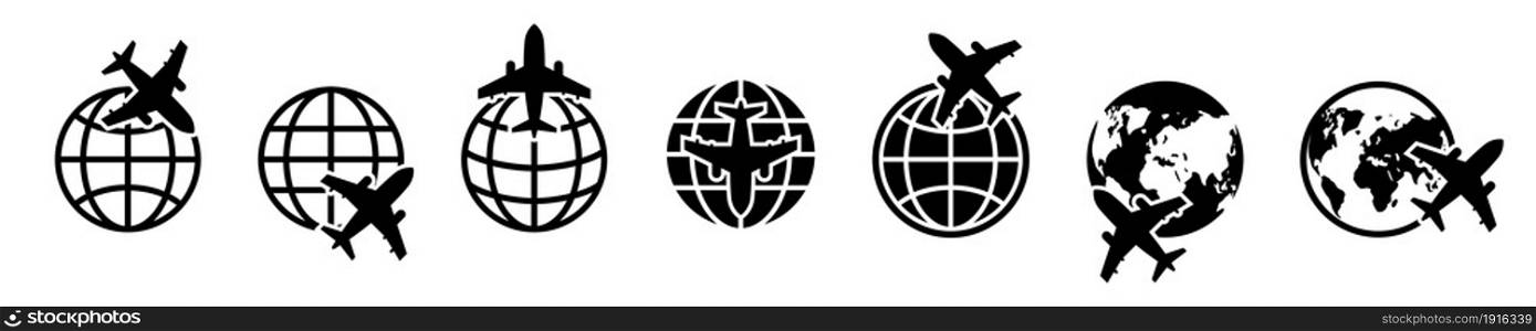 Airplane flying around planet. Earth globe and plane travel vector icon set. World map black icons isolated. Planet logo or symbol. Globe icons collection. Vector illustration.. Airplane flying around planet. Earth globe and plane travel vector icon set. World map black icons isolated.