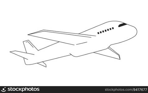 Airplane flying flat monochrome isolated vector object. Passenger plane flight. Air travel. Editable black and white line art drawing. Simple outline spot illustration for web graphic design. Airplane flying flat monochrome isolated vector object