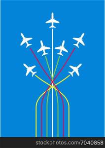 Airplane Flying Formation In Blue Sky, Air Show Display, The Disciplined Flight Vector Art Illustration