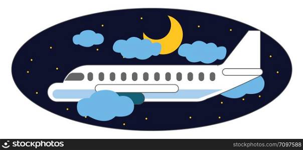 Airplane flying in night, illustration, vector on white background.