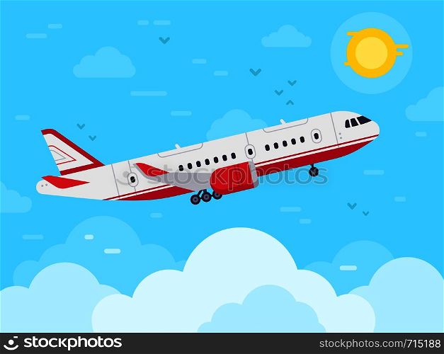 Airplane flying in sky. Jet plane fly in clouds, airplanes travel and vacation aircraft. Flight plane, airplane trip to airport or airline transportation. Aerial flat vector illustration. Airplane flying in sky. Jet plane fly in clouds, airplanes travel and vacation aircraft flat vector illustration