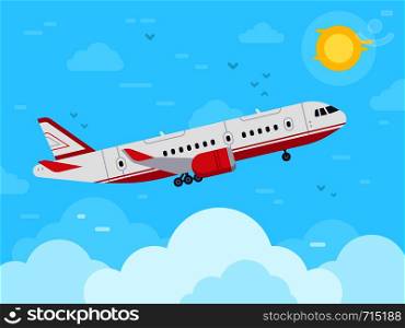 Airplane flying in sky. Jet plane fly in clouds, airplanes travel and vacation aircraft. Flight plane, airplane trip to airport or airline transportation. Aerial flat vector illustration. Airplane flying in sky. Jet plane fly in clouds, airplanes travel and vacation aircraft flat vector illustration