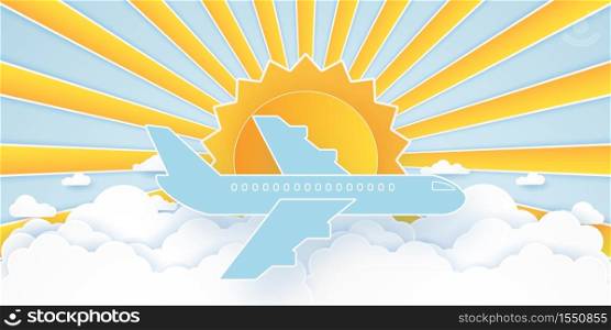 Airplane flying in the blue sky with clouds and bright sun, Cloudscape, paper art style