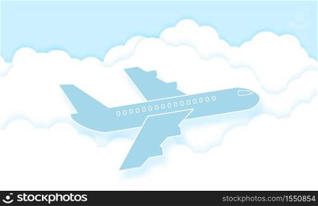 Airplane flying in the blue sky with clouds, Cloudscape, paper art style